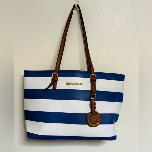 Michael Kors Navy and White Striped Tote - Picture 1 of 10